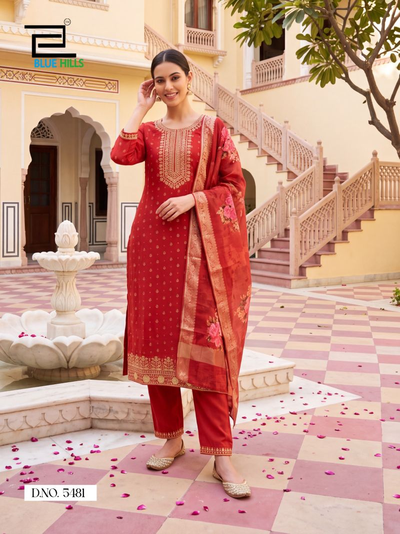 Blue Hills Cherry Mul Chanderi Foil Printed Kurti WIth Bottom Dupatta Set — Wholesale Readymade Suit, Blue Hills wholesale from Surat — Photo 2