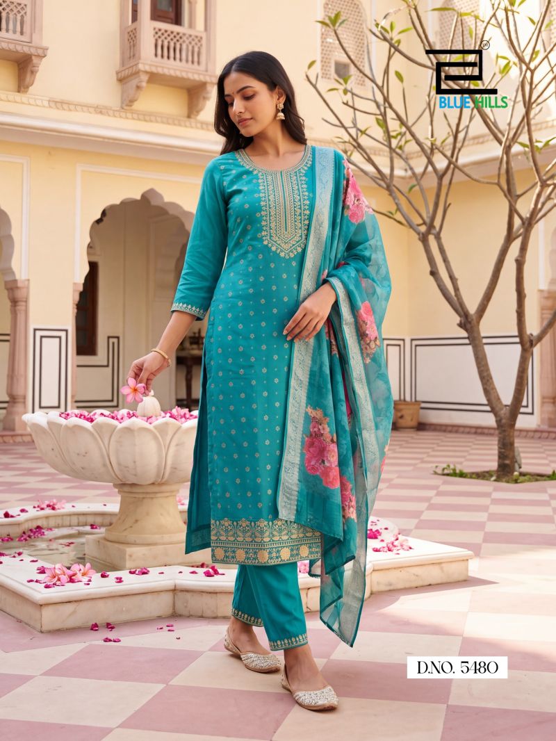 Blue Hills Cherry Mul Chanderi Foil Printed Kurti WIth Bottom Dupatta Set