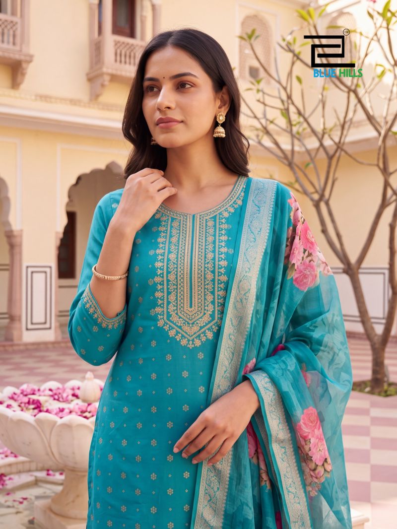 Blue Hills Cherry Mul Chanderi Foil Printed Kurti WIth Bottom Dupatta Set — Wholesale Readymade Suit, Blue Hills wholesale from Surat — Photo 5