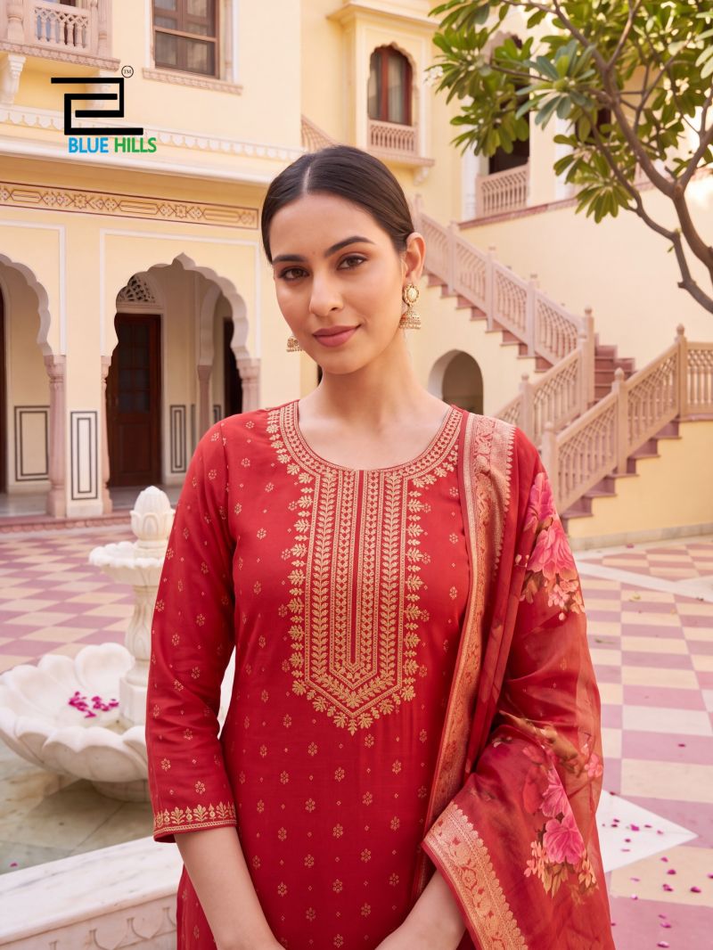Blue Hills Cherry Mul Chanderi Foil Printed Kurti WIth Bottom Dupatta Set — Wholesale Readymade Suit, Blue Hills wholesale from Surat — Photo 6
