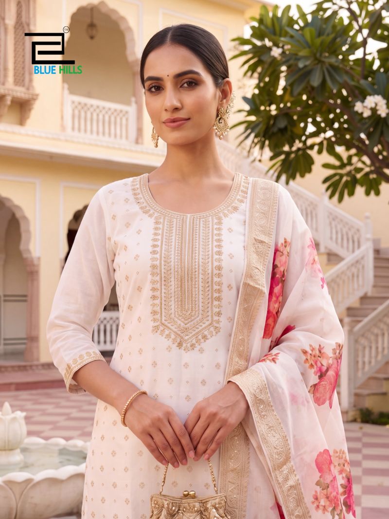 Blue Hills Cherry Mul Chanderi Foil Printed Kurti WIth Bottom Dupatta Set — Wholesale Readymade Suit, Blue Hills wholesale from Surat — Photo 8