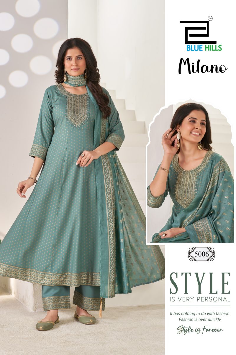 Blue Hills Milano Rayon Sequence Embroidery Work Kurti With Bottom Dupatta Set — Wholesale Kurtis, Blue Hills wholesale from Surat — Photo 4