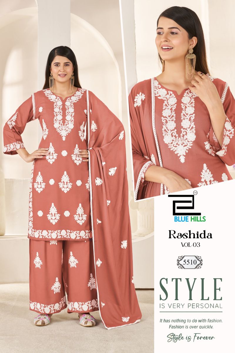 Blue Hills Rashida Vol 3 Rayon Thread Work Kurti With Bottom Dupatta Set — Wholesale, Blue Hills wholesale from Surat — view 3