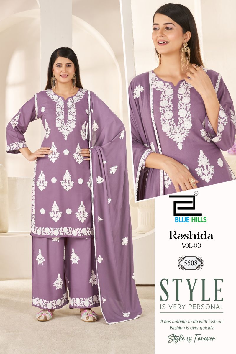 Blue Hills Rashida Vol 3 Rayon Thread Work Kurti With Bottom Dupatta Set