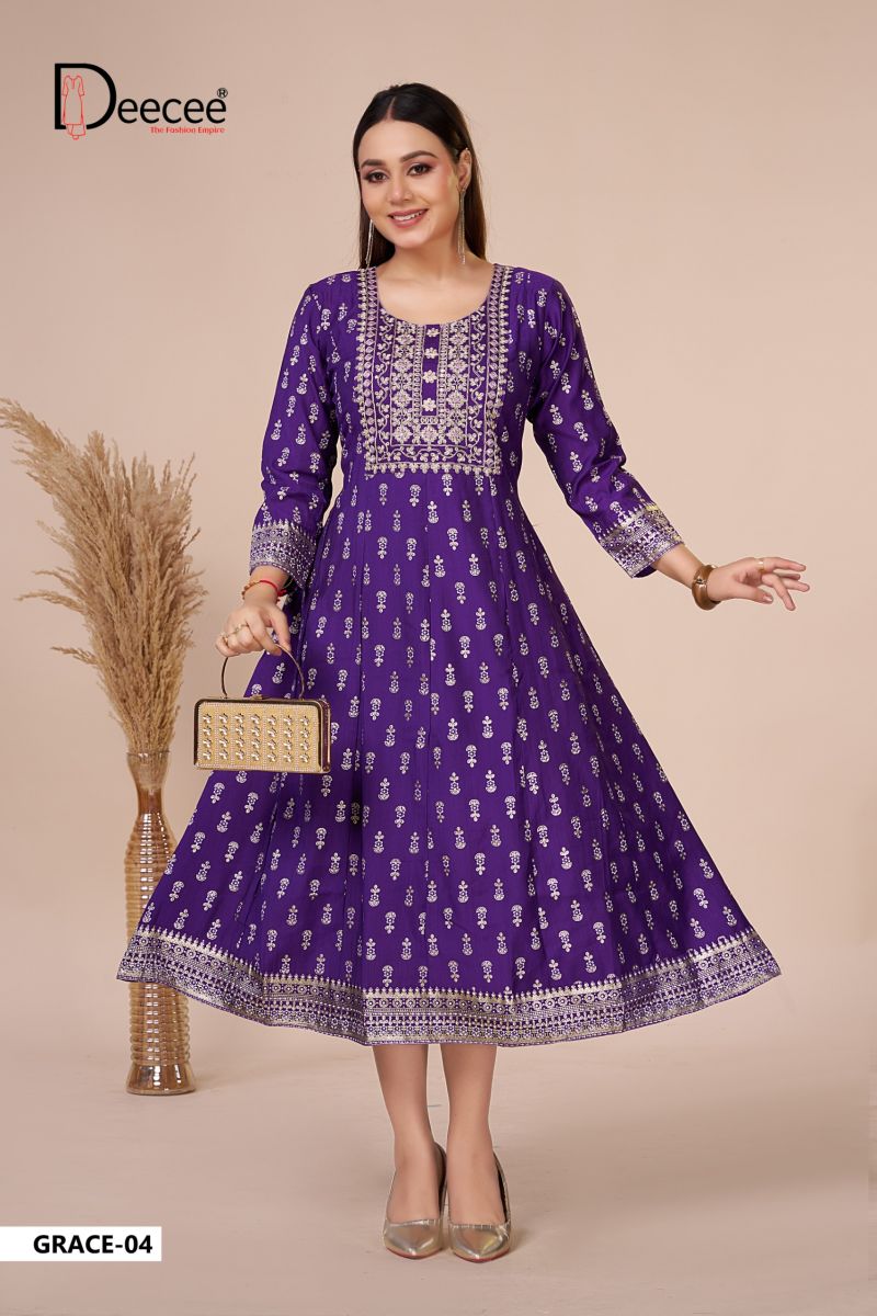 Deecee Grace Vatican Foil Print Neck Embroidered Flair Kurti Catalog — Gown, DEECEE wholesale from Surat — Photo 3