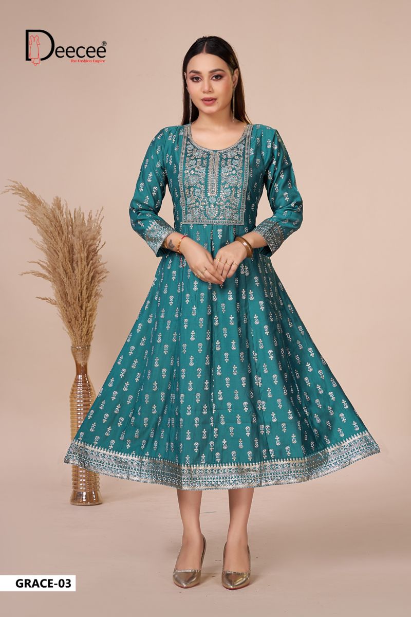 Deecee Grace Vatican Foil Print Neck Embroidered Flair Kurti Catalog — Gown, DEECEE wholesale from Surat — Photo 4
