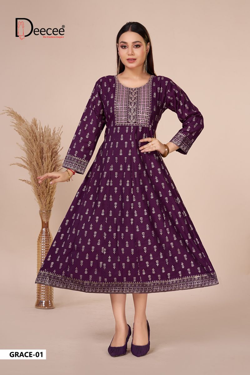 Deecee Grace Vatican Foil Print Neck Embroidered Flair Kurti Catalog — Gown, DEECEE wholesale from Surat — Photo 5