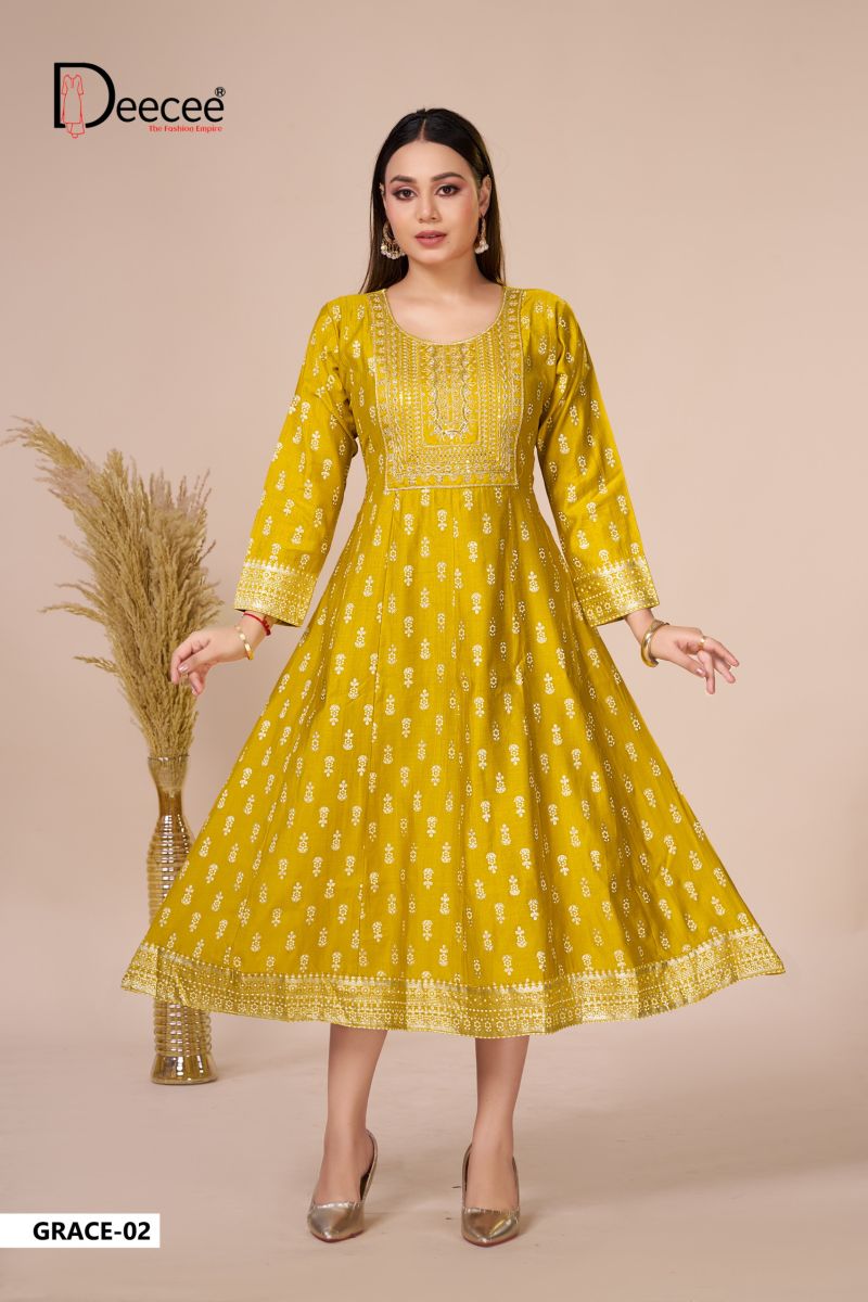 Deecee Grace Vatican Foil Print Neck Embroidered Flair Kurti Catalog — Gown, DEECEE wholesale from Surat — Photo 2