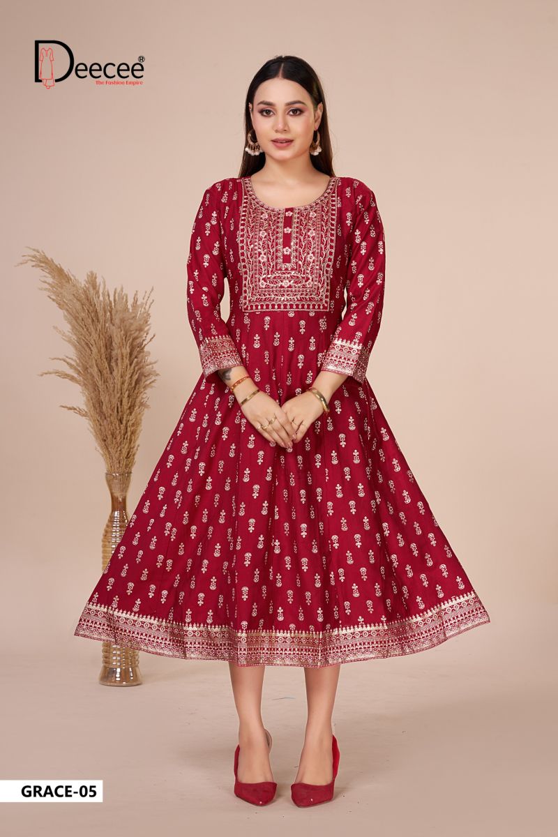 Deecee Grace Vatican Foil Print Neck Embroidered Flair Kurti Catalog