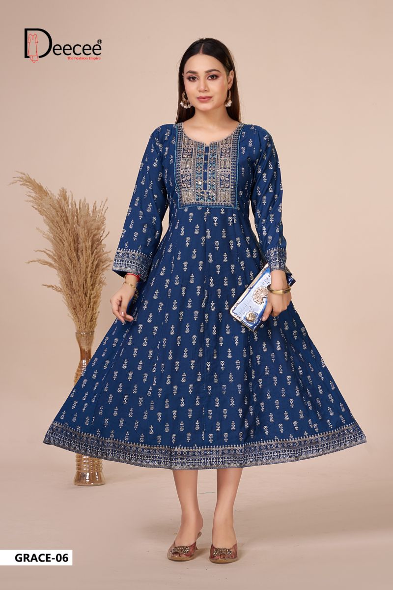 Deecee Grace Vatican Foil Print Neck Embroidered Flair Kurti Catalog — Gown, DEECEE wholesale from Surat — Photo 7