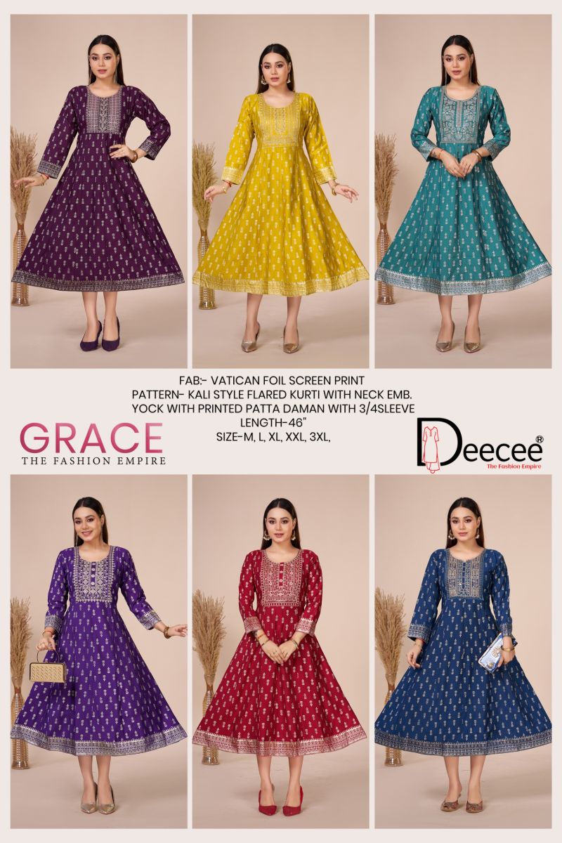 Deecee Grace Vatican Foil Print Neck Embroidered Flair Kurti Catalog — Gown, DEECEE wholesale from Surat — Photo 8