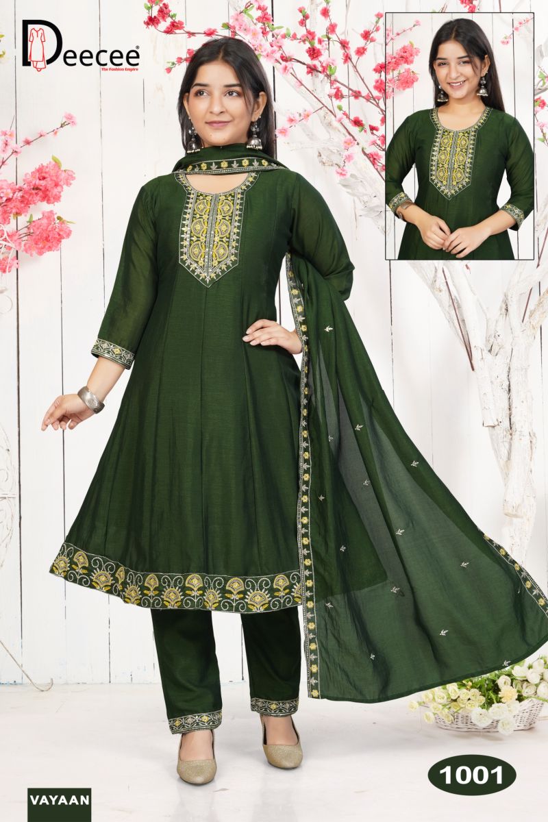 Deecee Vayaan Vichitra Silk Embroidered Flared Kurti With Bottom Dupatta Set