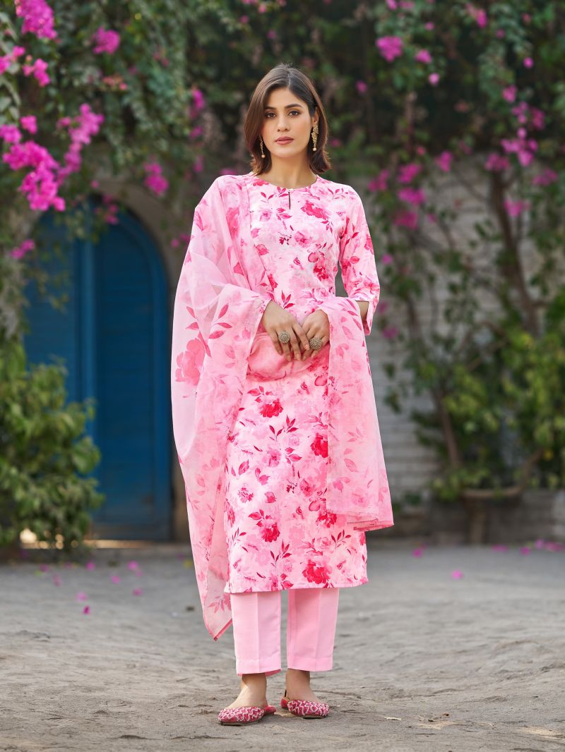 Dhruvi 506 Viscose Floral Printed Kurti With Pant Dupatta Set