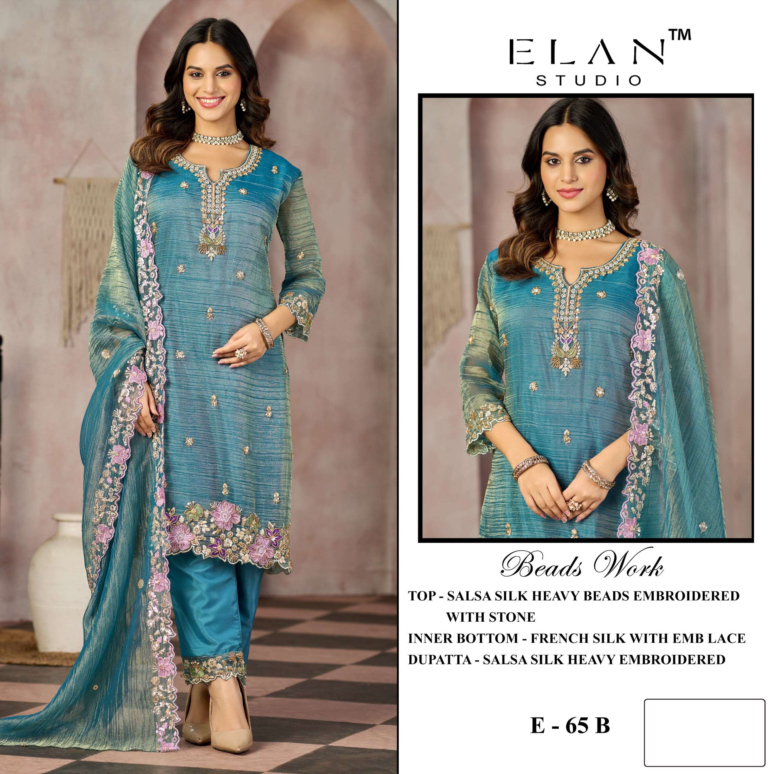 Elan Studio E 65 Salsa Heavy Beads Embroidered Designer Work Suit — Wholesale Pakistani Suits, Vardan Ethnic wholesale from Surat — view 3
