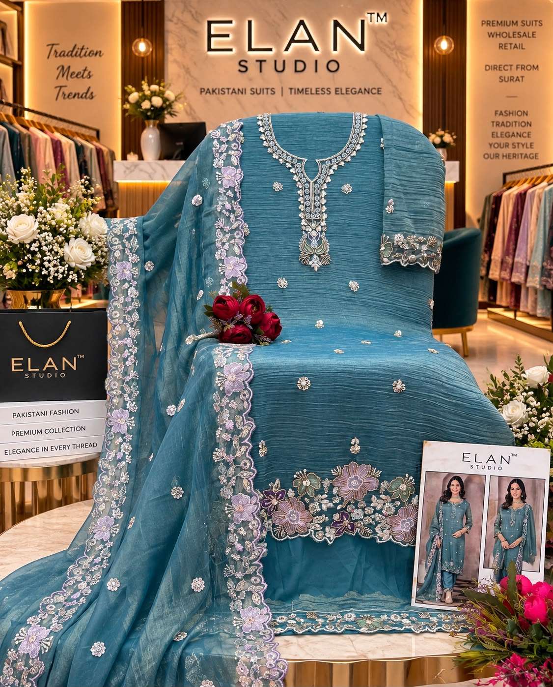 Elan Studio E 65 Salsa Heavy Beads Embroidered Designer Work Suit — Wholesale Pakistani Suits, Vardan Ethnic wholesale from Surat — view 6