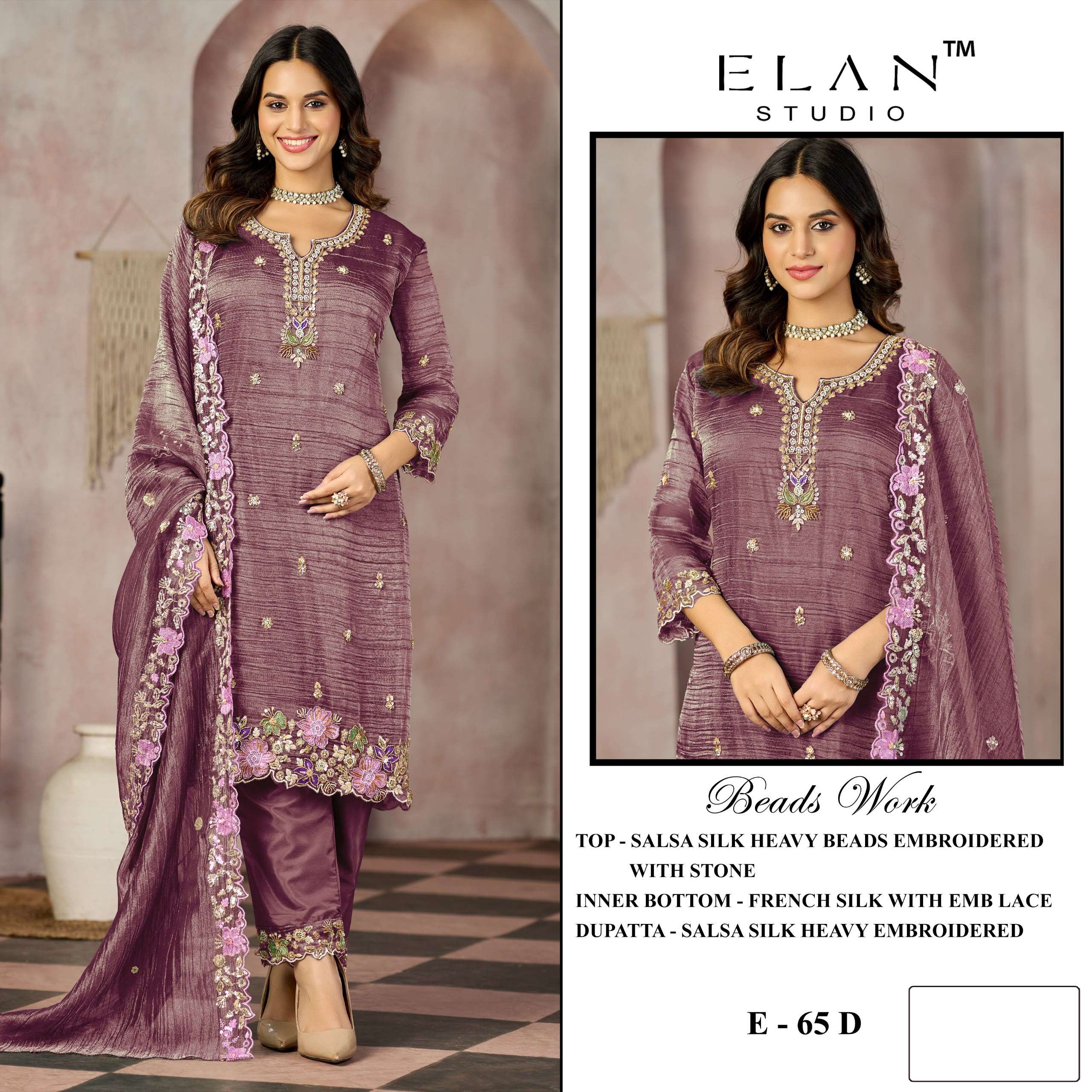 Elan Studio E 65 Salsa Heavy Beads Embroidered Designer Work Suit — Wholesale Pakistani Suits, Vardan Ethnic wholesale from Surat — view 4