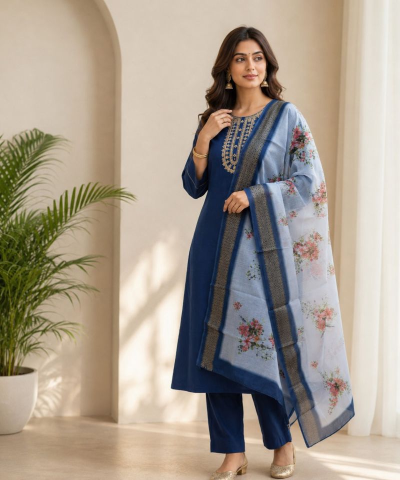 Emily 01 And 02 Rayon Slub Embroidered Designer Kurti WIth Bottom Dupatta — Wholesale Kurtis, Vardan Ethnic wholesale from Surat — view 2
