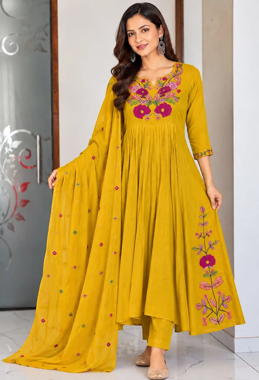 Premium Mul Chanderi Embroidered 3 Piece Suit Set — Wholesale Kurtis, Vardan Ethnic wholesale from Surat — Photo 10
