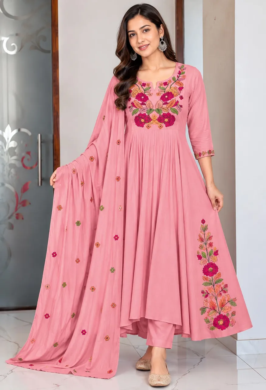 Premium Mul Chanderi Embroidered 3 Piece Suit Set — Wholesale Kurtis, Vardan Ethnic wholesale from Surat — Photo 6