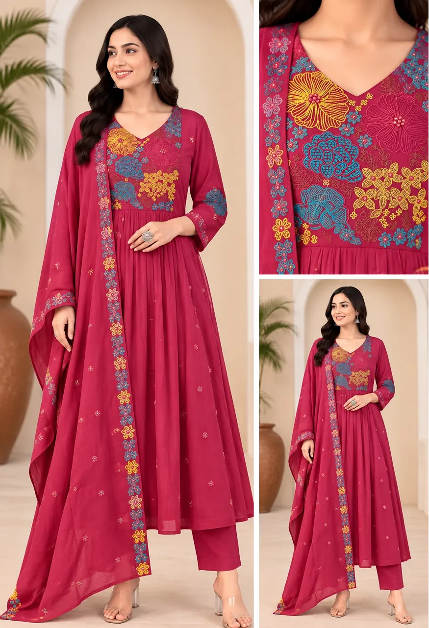 Premium Mul Chanderi Embroidered 3 Piece Suit Set — Wholesale Kurtis, Vardan Ethnic wholesale from Surat — Photo 8
