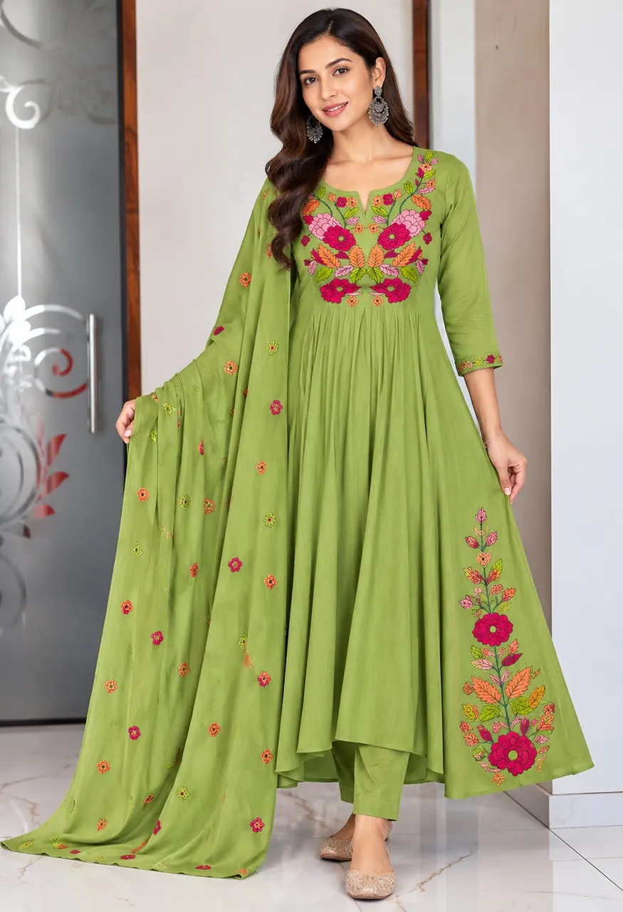 Premium Mul Chanderi Embroidered 3 Piece Suit Set — Wholesale Kurtis, Vardan Ethnic wholesale from Surat — Photo 9