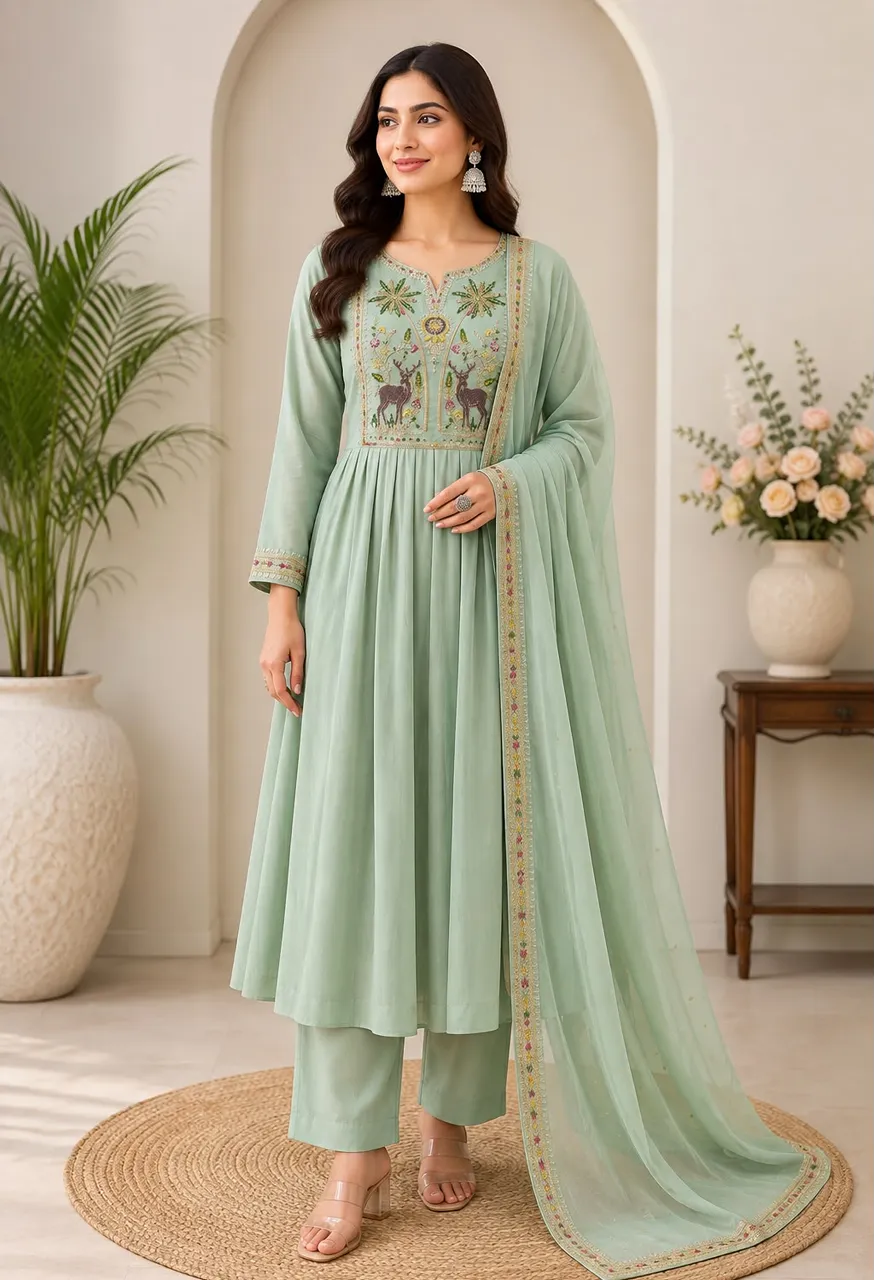 Premium Mul Chanderi Embroidered 3 Piece Suit Set — Wholesale Kurtis, Vardan Ethnic wholesale from Surat — Photo 13
