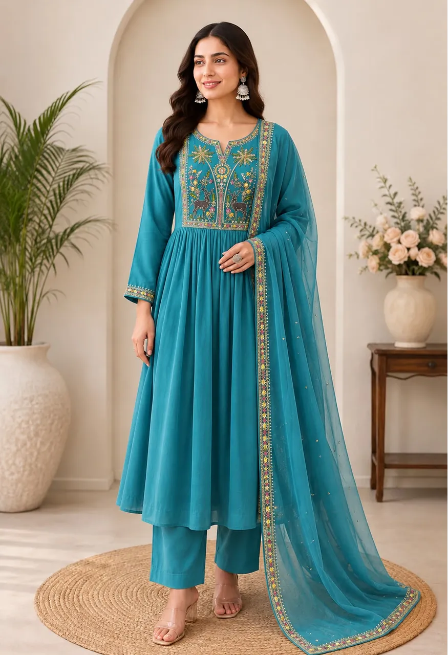 Premium Mul Chanderi Embroidered 3 Piece Suit Set — Wholesale Kurtis, Vardan Ethnic wholesale from Surat — Photo 4