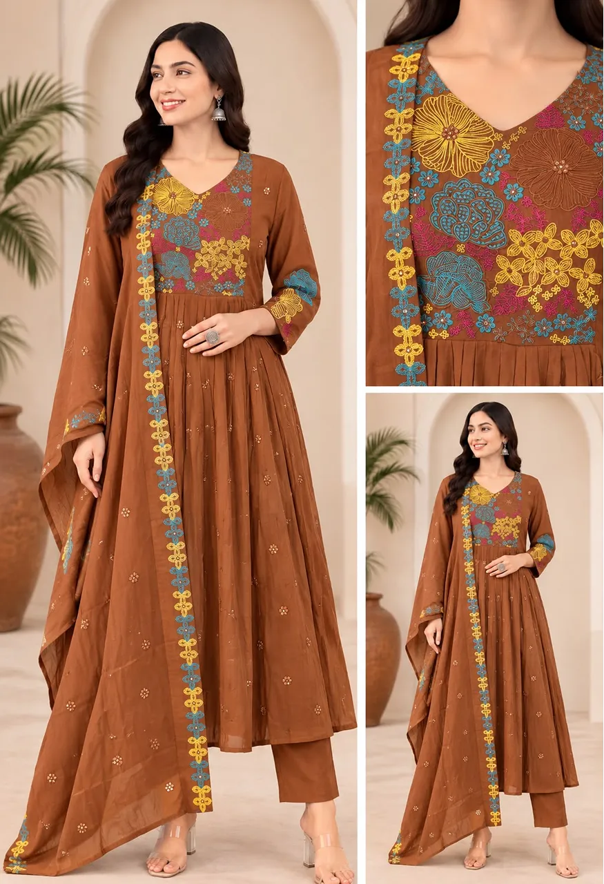 Premium Mul Chanderi Embroidered 3 Piece Suit Set — Wholesale Kurtis, Vardan Ethnic wholesale from Surat — Photo 7