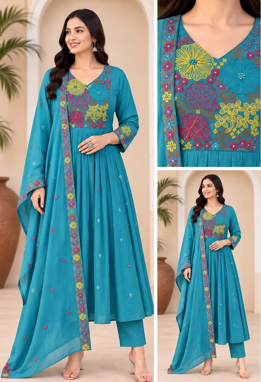 Premium Mul Chanderi Embroidered 3 Piece Suit Set — Wholesale Kurtis, Vardan Ethnic wholesale from Surat — Photo 5