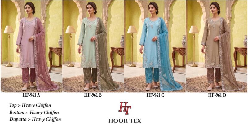 Hoor Tex 961 A To D Chiffon Embroidered Designer Salwar Kameez — Wholesale Pakistani Suits, hoor Tex wholesale from Surat — Photo 5