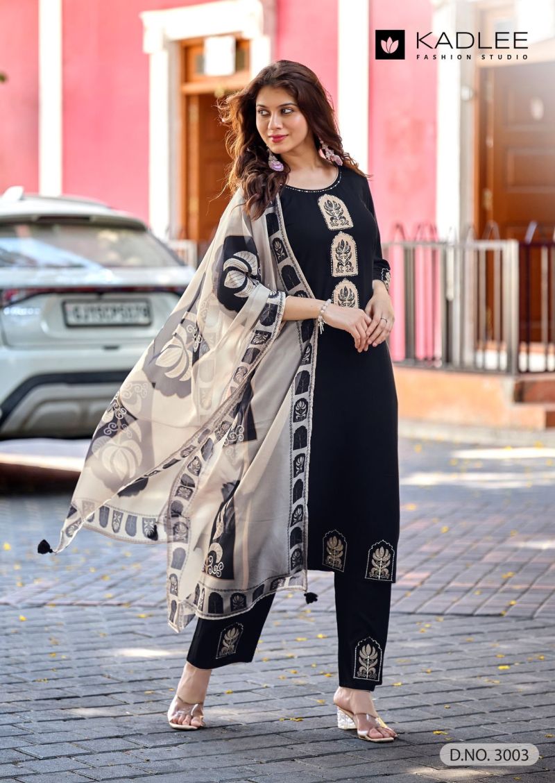 Kadlee Gulmohar Rayon Hand And Thread Work Kurti With Bottom Dupatta Set — Wholesale Kurtis, Kadlee Fashion Studio wholesale from Surat — view 3