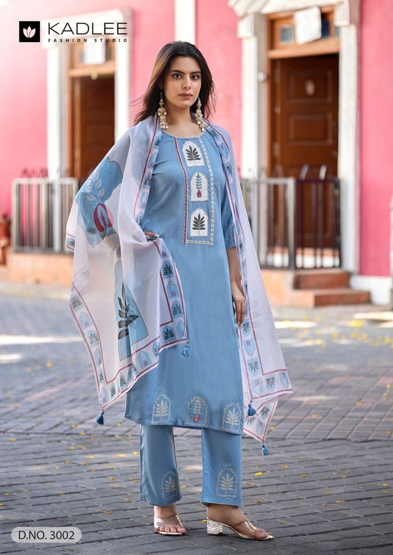 Kadlee Gulmohar Rayon Hand And Thread Work Kurti With Bottom Dupatta Set