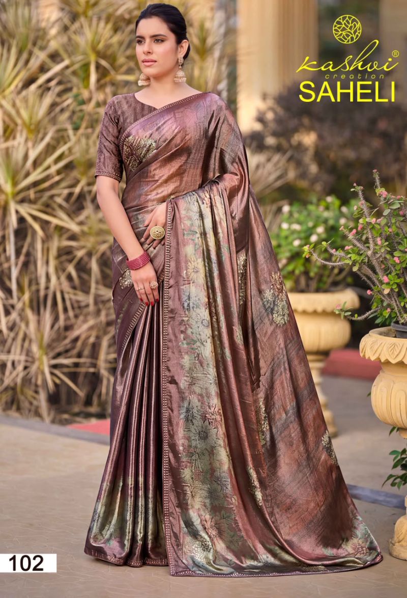 Kashvi Saheli Vol 1 Shine Silk Digital Print With Jharkan Work Saree Catalog — Singles, Kashvi Creation wholesale from Surat — view 4