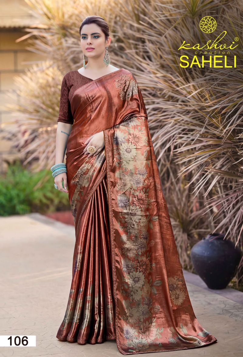 Kashvi Saheli Vol 1 Shine Silk Digital Print With Jharkan Work Saree Catalog — Singles, Kashvi Creation wholesale from Surat — view 5