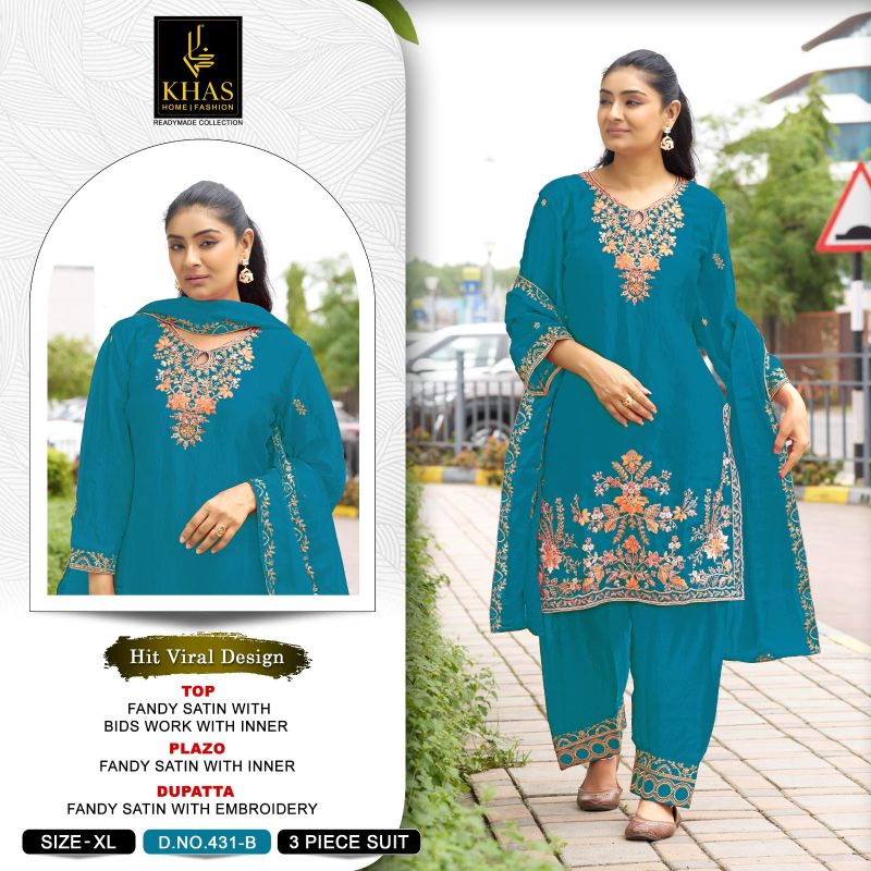 Khas 431 A To D Fandy Satin Beads Work Salwar Kameez Catalog — Wholesale Kurtis wholesale from Surat — view 4