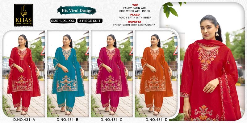 Khas 431 A To D Fandy Satin Beads Work Salwar Kameez Catalog — Wholesale Kurtis wholesale from Surat — view 5