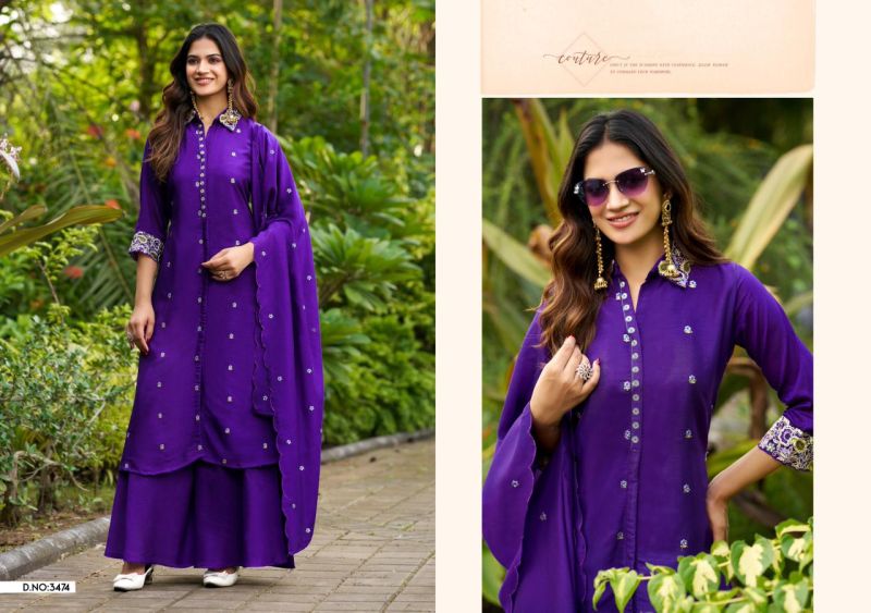 Ladies Flavour 3474 And 3475 Vichitra Hand Work Kurti With Bottom Dupatta Set — Wholesale Kurtis, Ladies Flavour wholesale from Surat — Photo 3