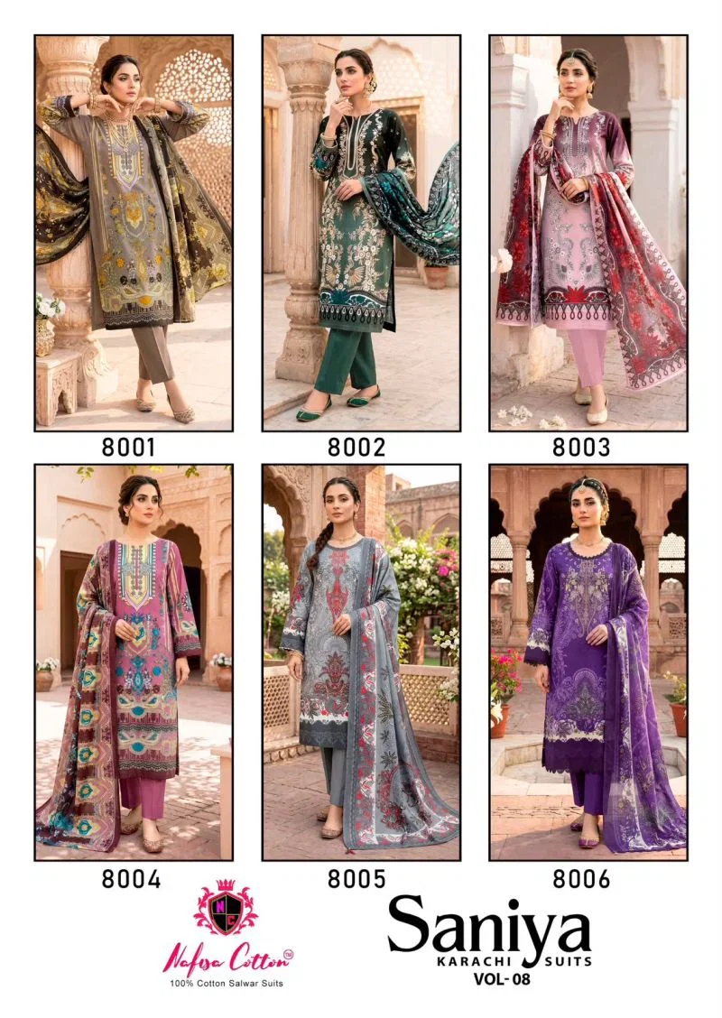 Nafisa Saniya Vol 8 Indo Cotton Printed Karachi Dress Material Catalog — Wholesale Salwar Suits, Nafisa  wholesale from Surat — view 7