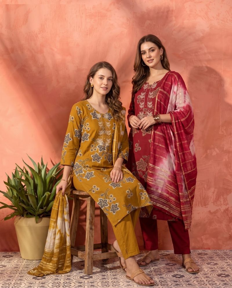 Naisha K 1229 Vatican Discharge Print Manual Work Kurti WIth Bottom Dupatta Set