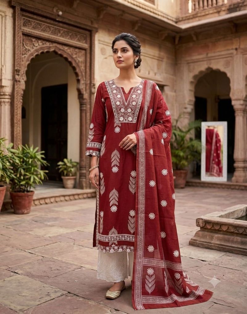 Naisha K 1231 Cotton Chikankari Fancy Kurti With Bottom Dupatta Set