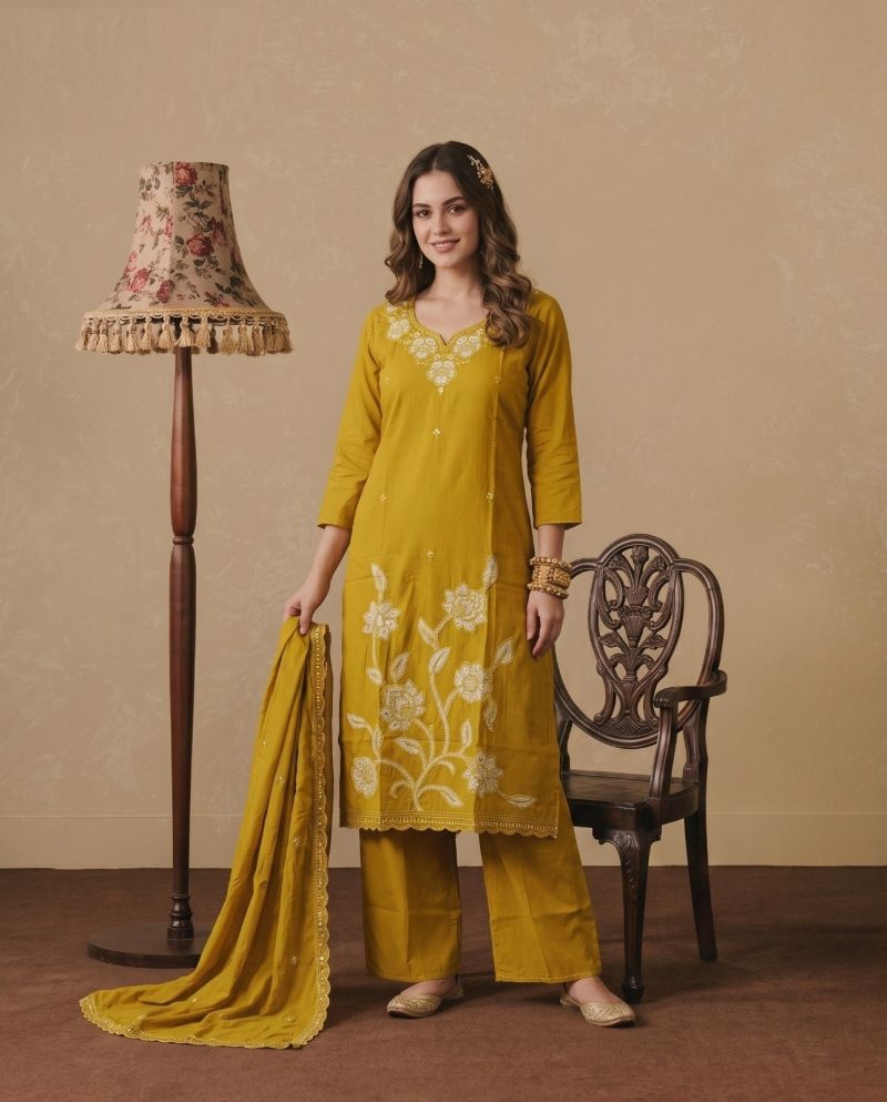 Naisha K 1233 Dhabu Cotton Embroidered Kurti WIth Bottom Dupatta Set — Wholesale Kurtis, Naisha wholesale from Surat — Photo 3