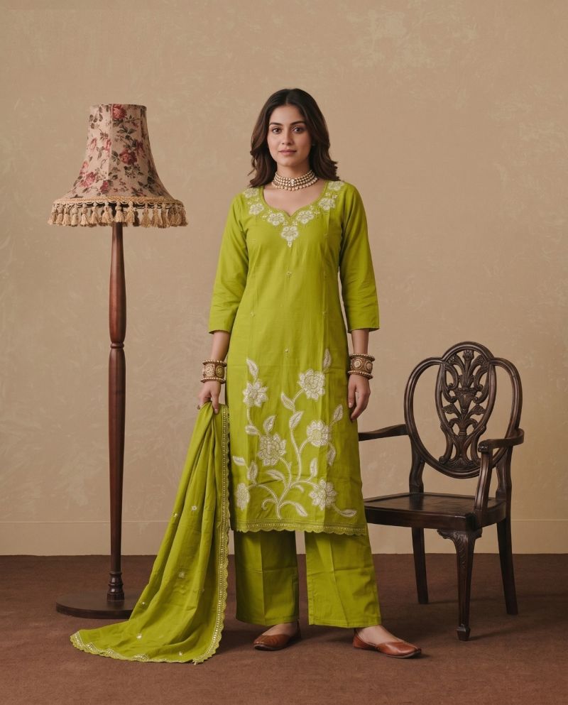 Naisha K 1233 Dhabu Cotton Embroidered Kurti WIth Bottom Dupatta Set — Wholesale Kurtis, Naisha wholesale from Surat — Photo 6
