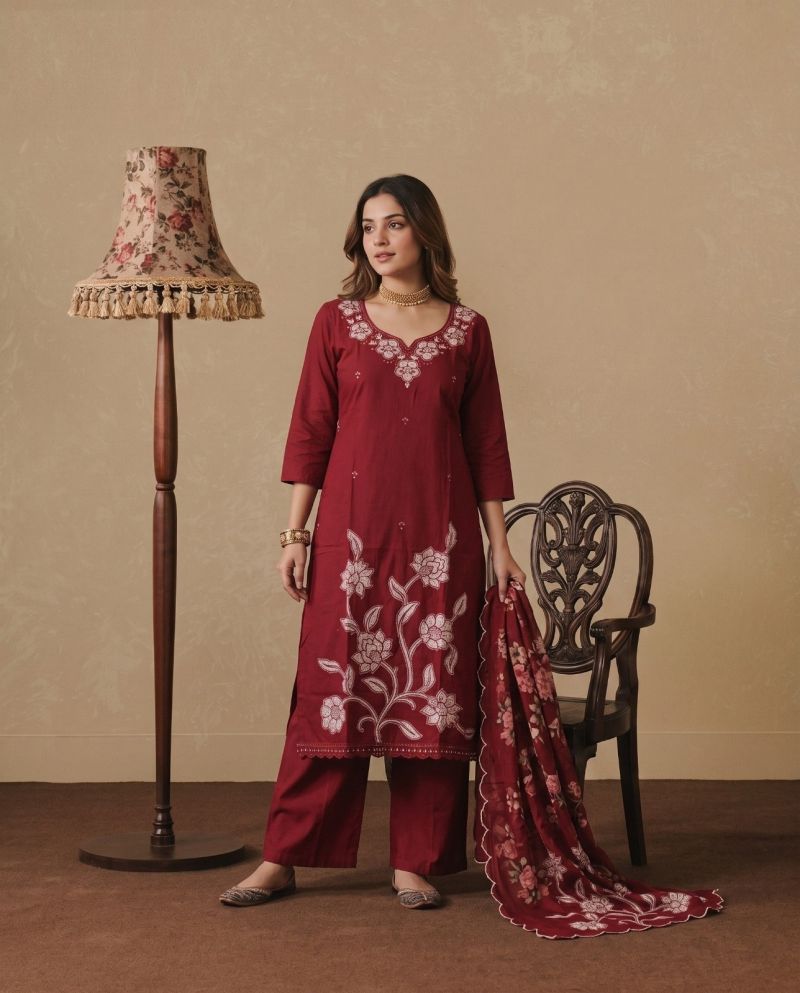 Naisha K 1233 Dhabu Cotton Embroidered Kurti WIth Bottom Dupatta Set