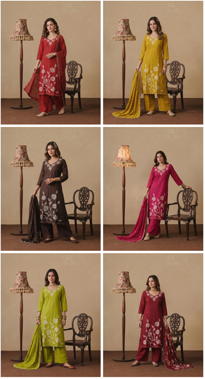 Naisha K 1233 Dhabu Cotton Embroidered Kurti WIth Bottom Dupatta Set — Wholesale Kurtis, Naisha wholesale from Surat — Photo 7