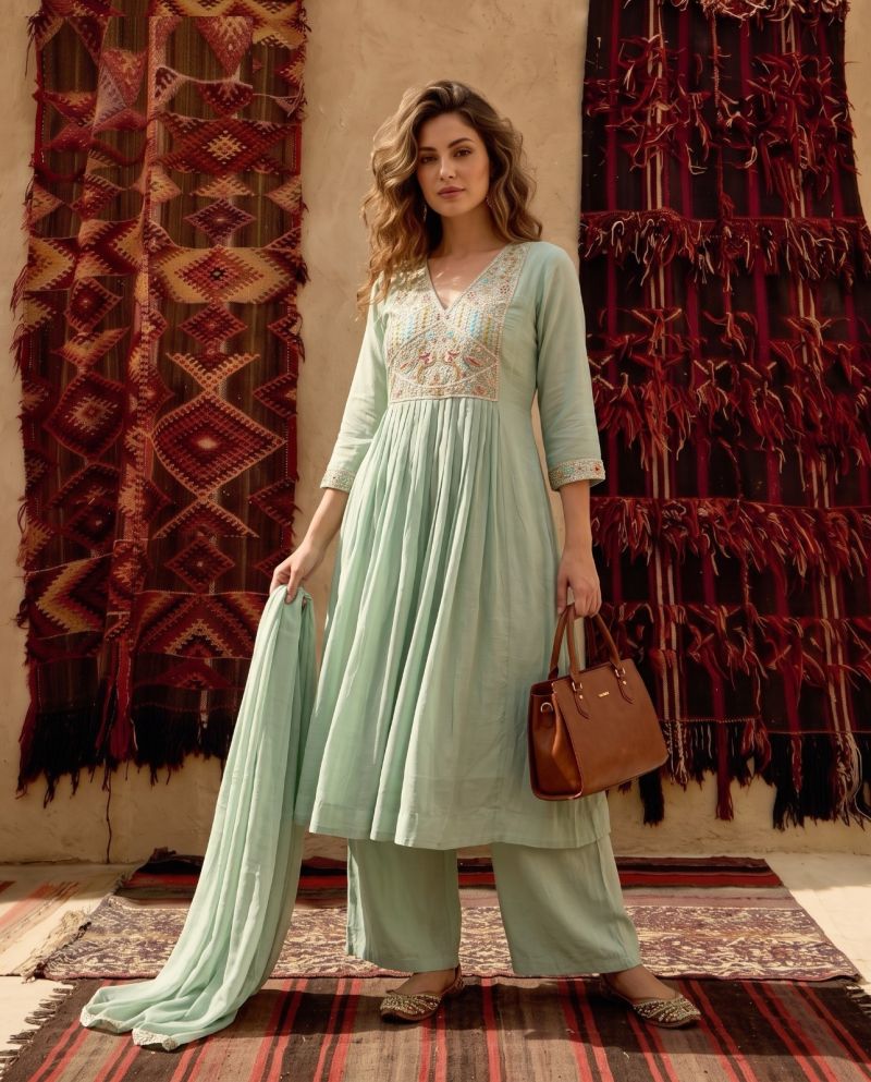Naisha K 1237 Mul Chanderi Beads Work Anarkali Kurti With Bottom Dupatta Set — Wholesale Kurtis, Naisha wholesale from Surat — view 2