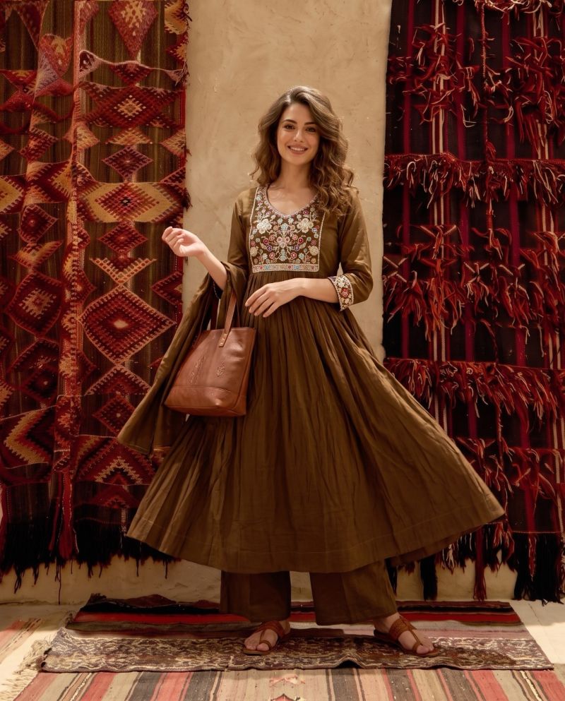 Naisha K 1237 Mul Chanderi Beads Work Anarkali Kurti With Bottom Dupatta Set