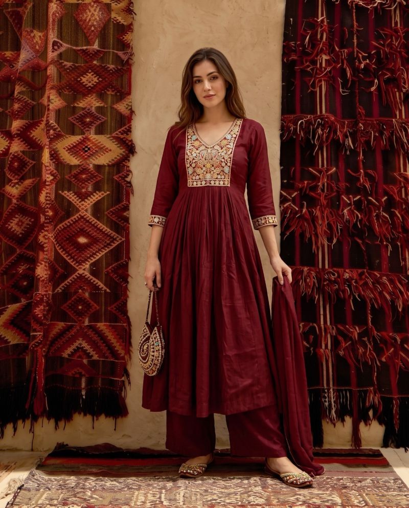 Naisha K 1237 Mul Chanderi Beads Work Anarkali Kurti With Bottom Dupatta Set — Wholesale Kurtis, Naisha wholesale from Surat — view 3