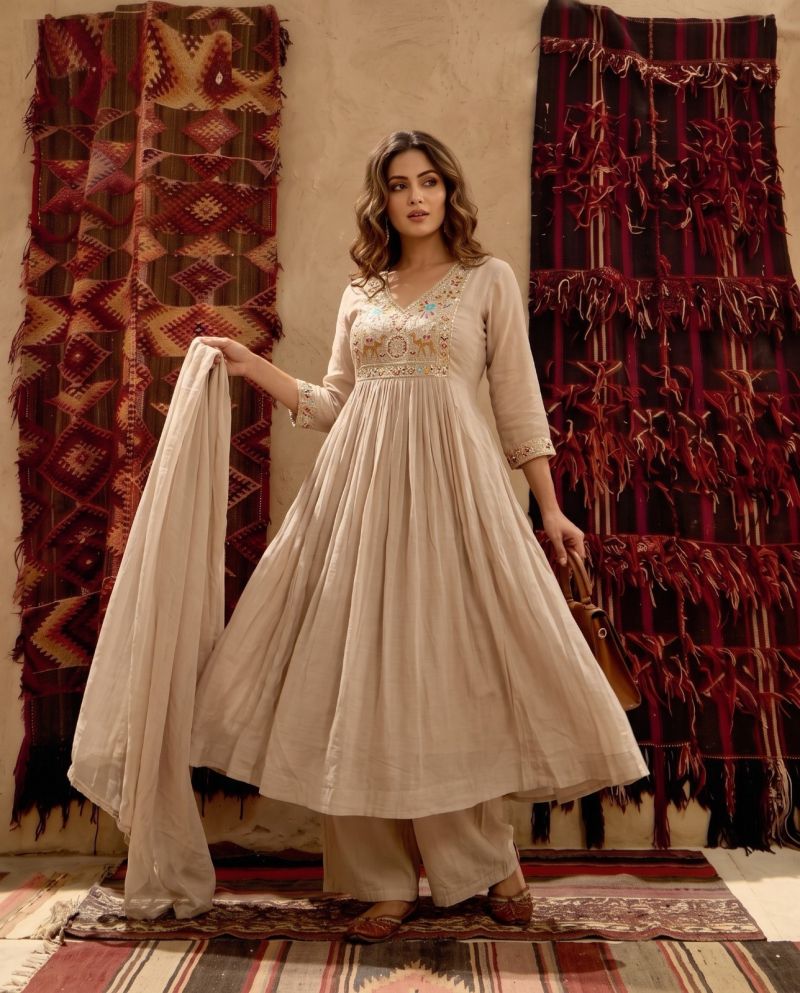 Naisha K 1237 Mul Chanderi Beads Work Anarkali Kurti With Bottom Dupatta Set — Wholesale Kurtis, Naisha wholesale from Surat — view 6