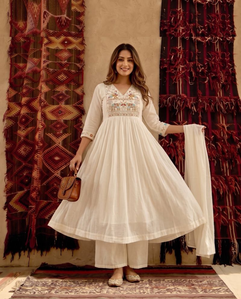 Naisha K 1237 Mul Chanderi Beads Work Anarkali Kurti With Bottom Dupatta Set — Wholesale Kurtis, Naisha wholesale from Surat — view 9