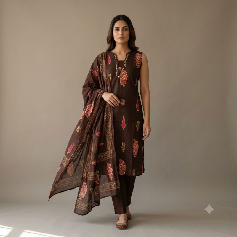 Naisha K 1244 Cambric Cotton Neck Work Kurti With Bottom Dupatta Set — Wholesale Kurtis, Naisha wholesale from Surat — view 3